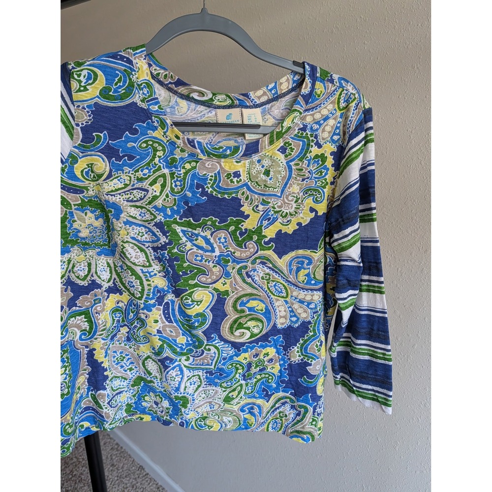 Caribbean Joe Petite Large Paisley Stripe Mixed Print Cotton 3/4 Sleeve Top Blue